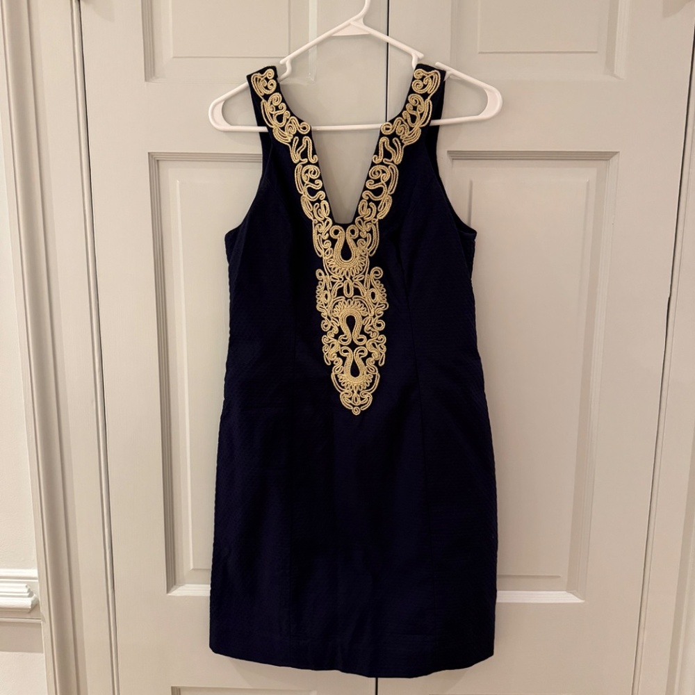 Lilly Pulitzer size 4 blue dress with gold embroidered cord around the neck